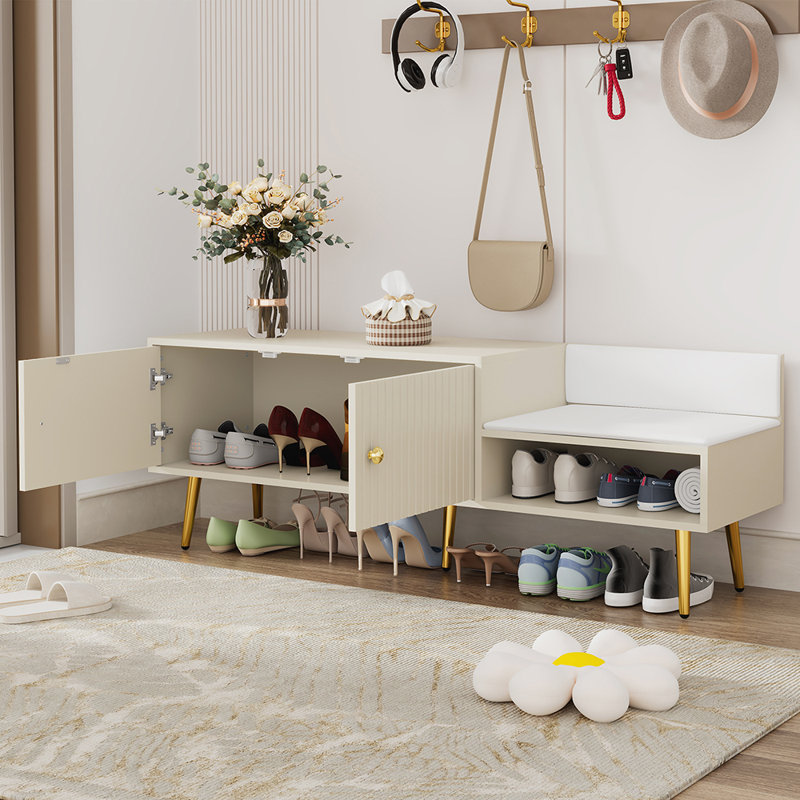 Banc de rangement pour chaussures avec coussins, Blanc antique