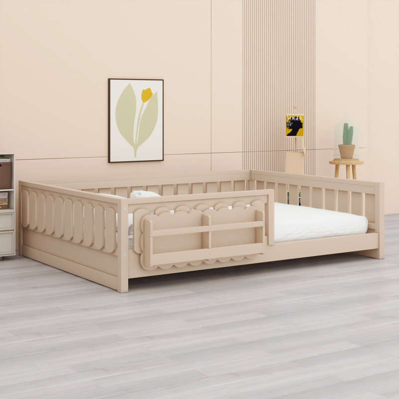 Space-Saving Wood Platform Bed With Guardrail And Storage Shelves, Natural, Full