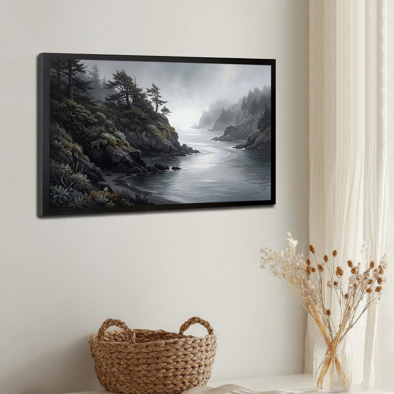 «Misty Coastal Cliff and Dark Green Trees», art mural sur toile, H 24 po x l 36 po