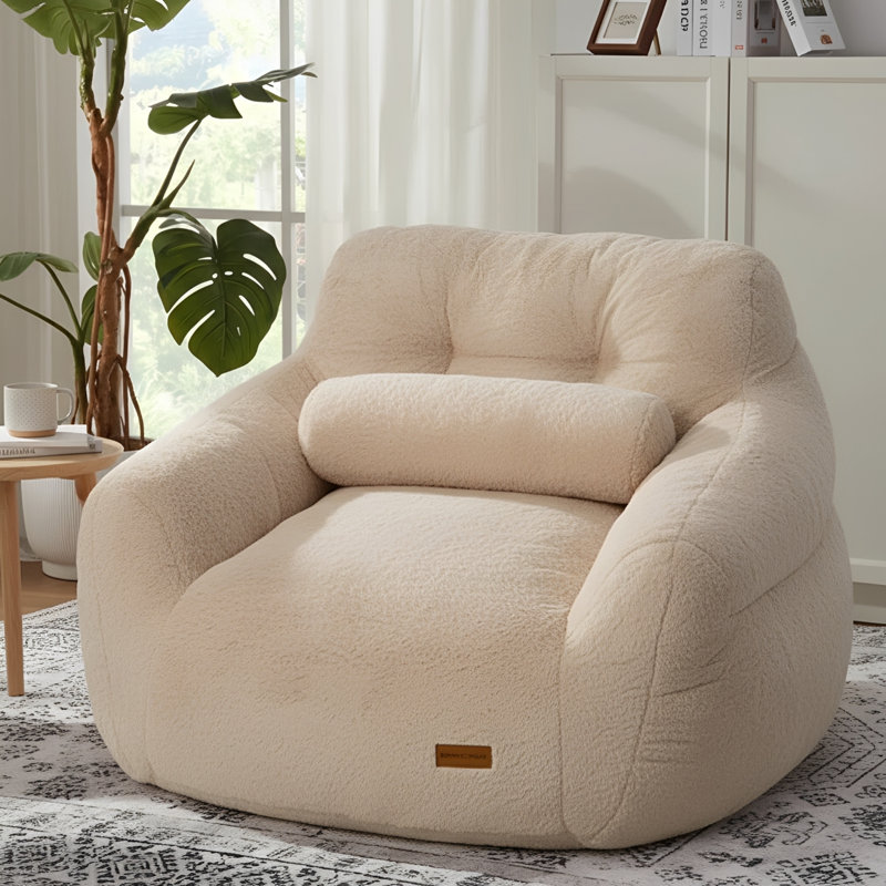 Oversize Compression Bean Bag Chairs For Adults With Pillow and Pocket,Apricot, Ivory Faux Fur