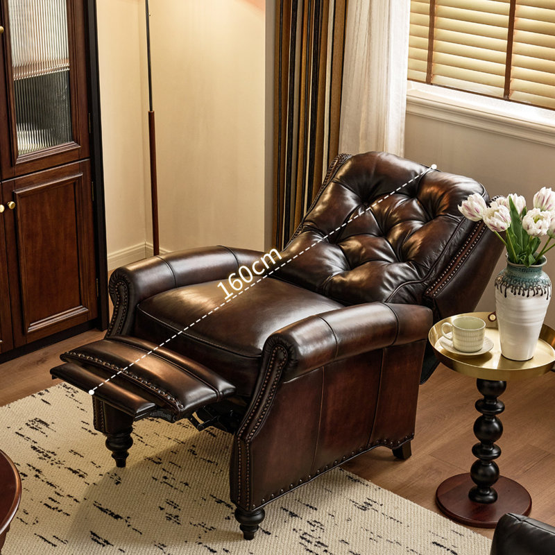 33.07" American Vintage Luxury Style, Dark Brown, Genuine Leather, Multi-Function Single Recliner Chair for Lying & Sleeping