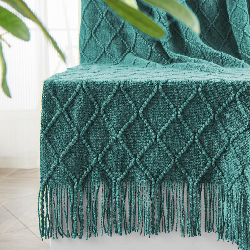 Knitted Blanket with Tassel Trim, Blue