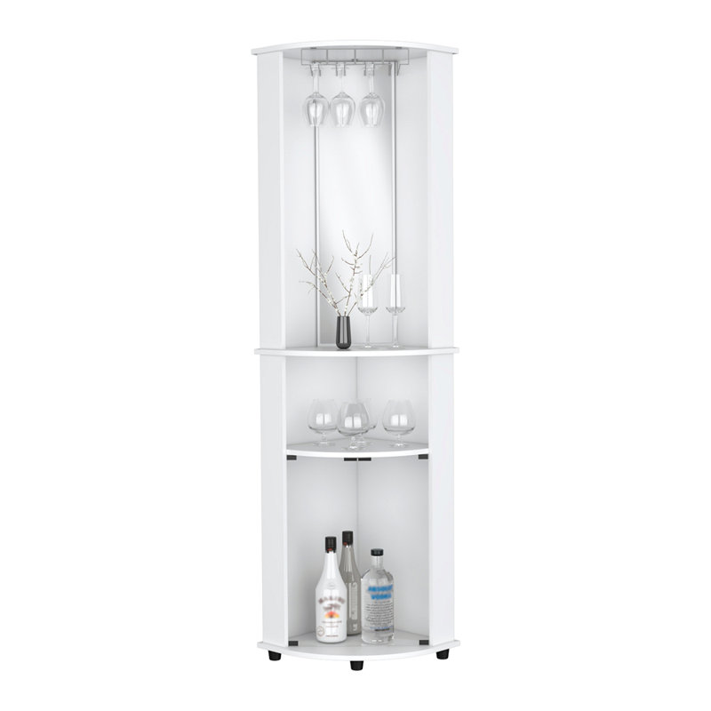 Corner Bar Cabinet Unit With Wine Glass Rack And Lower Cabinet, White