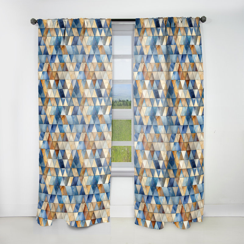 Beige et bleu triangles mosaïque III - rideau obscurcissant géométrique abstrait - 1 panneaux, L 52 po x L 95 po