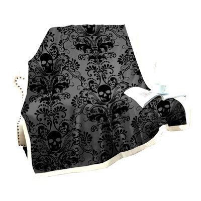 Victorian Gothic Floral Fleece Throw - Antique Black Damask Blanket with Exotic Sugar Skull Design