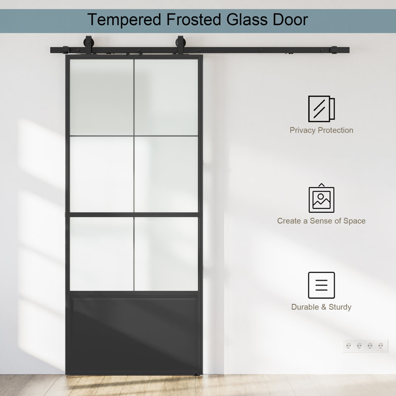 Black Aluminum and Frosted Glass Sliding Barn Door with Installation Kit
