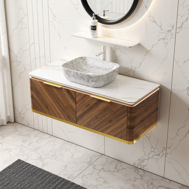 Meuble-lavabo flottant 48 po avec éclairage à capteur intelligent et plateau en pierre de luxe 48 po - Armoire de rangement moderne, Tiroirs à fermeture en douceur, Installation facile pré-assemblée