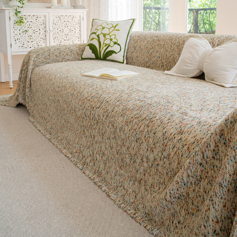 Housse pour canapé en chenille avec pois colorés, H 71 po x l 150 po, Beige