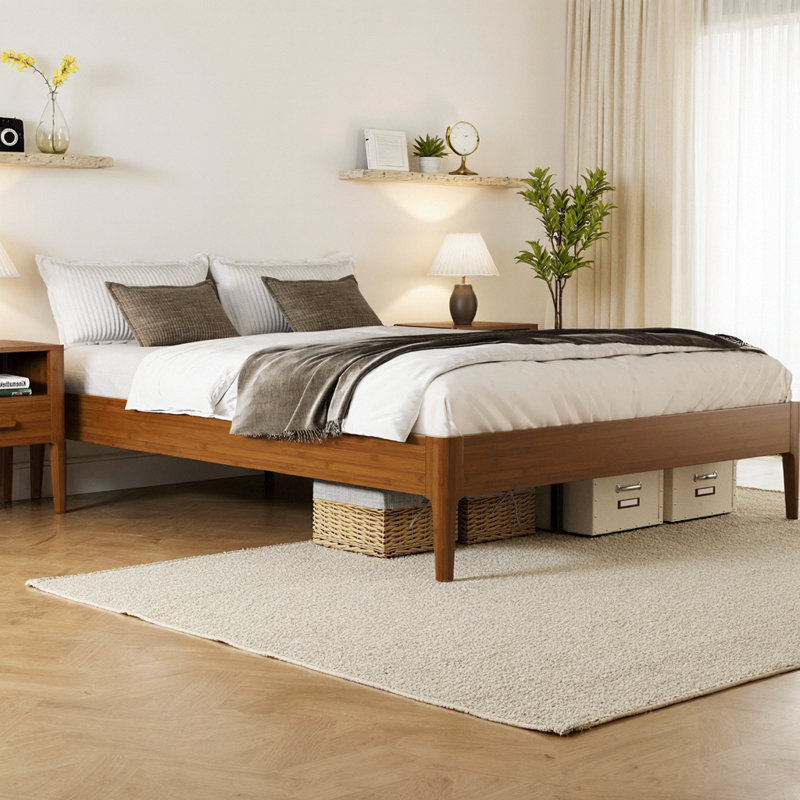 15 Inch High Solid Bamboo Platform Bed Frame with Metal Support, Modern Minimalist Wood Slat Base, No Box Spring Needed, Noise-Free, Easy Assembly