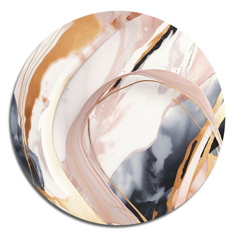 Fusion rose or rose - art abstrait rond en marbre sur métal, H 23 po x l 23 po x P 1 po