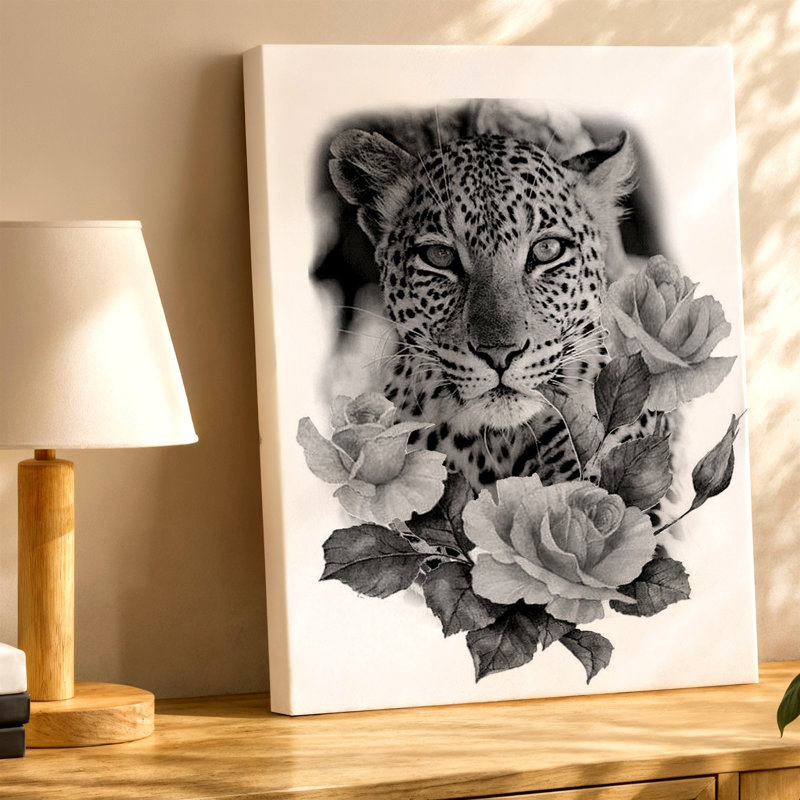 Reproduction d'art sur toile, noir et blanc, léopard avec roses, H 30 po x l 40 po