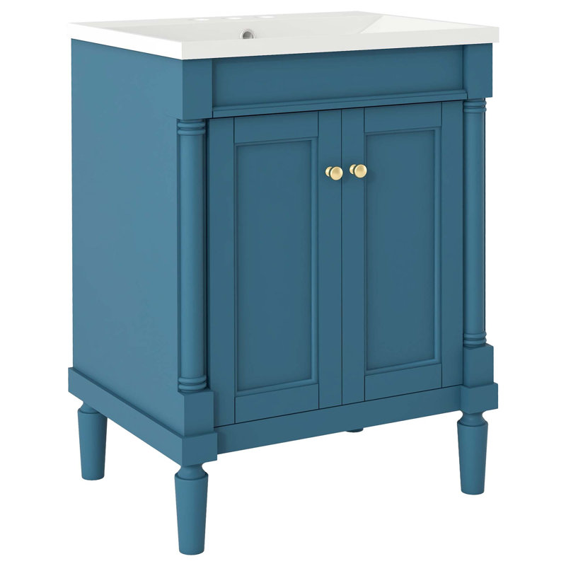Meuble-lavabo moderne à 2 niveaux avec lavabo supérieur et grandes tablettes de rangement, Bleu