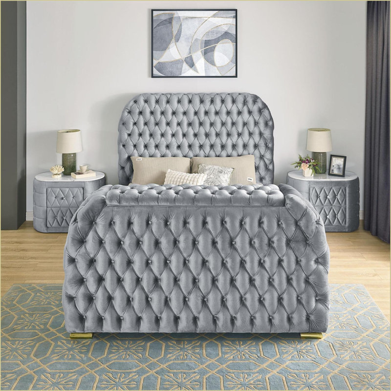 Table de chevet moderne en tissu gris avec plateau en faux marbre et 2 tiroirs