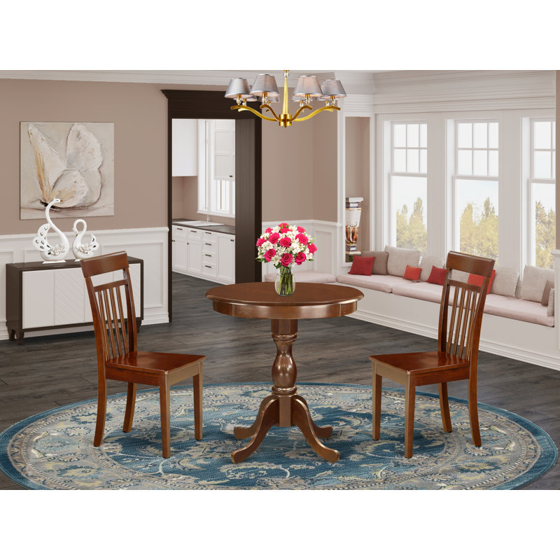 3 Piece Dinette Set for Small Spaces Contains a Round Dining Table with Pedestal and 2 Kitchen Dining Chairs, Mahogany