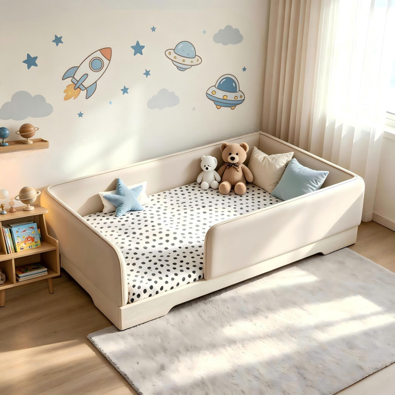 Grand lit tapissier au sol Montessori en similicuir avec garde-corps Lit plateforme pour enfants, tout-petits, brun., Brown