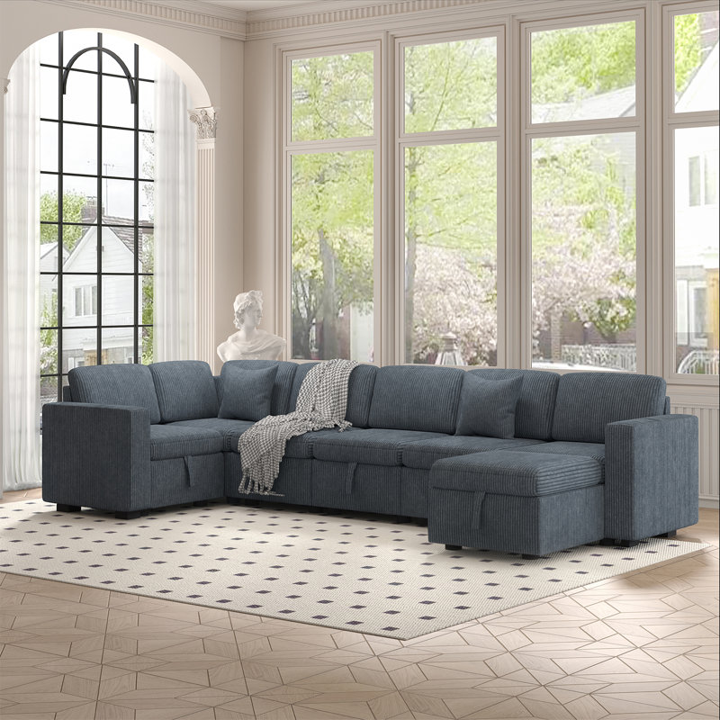 Upholstered L-shaped Corduroy Sectional 5-Seat Sofa with Storage and Ottoman, 34" H x 142" W x 64" D
