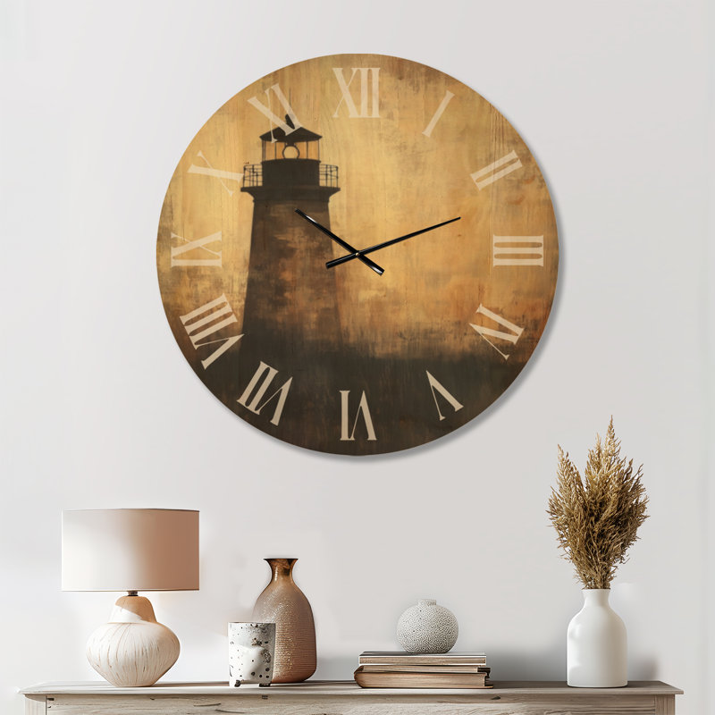 Phare du Crépuscule Doré V - Grande horloge murale nautique, imprimée sur bois, Large