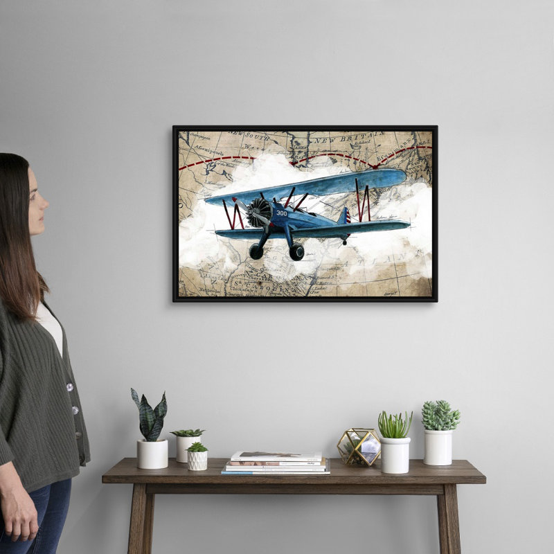 Biplane 1-impression d’art graphique sur toile, H 22 po x l 32 po x P 1,75po, Cadre noir