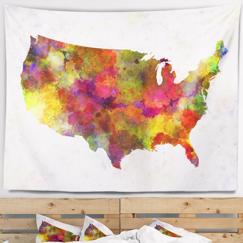 Carte des états-unis en tapisserie de couleurs, H 78 po x l 92 po