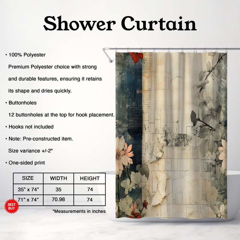 Rideaux de douche - Pétales séchés, H 74 po x l 71 po