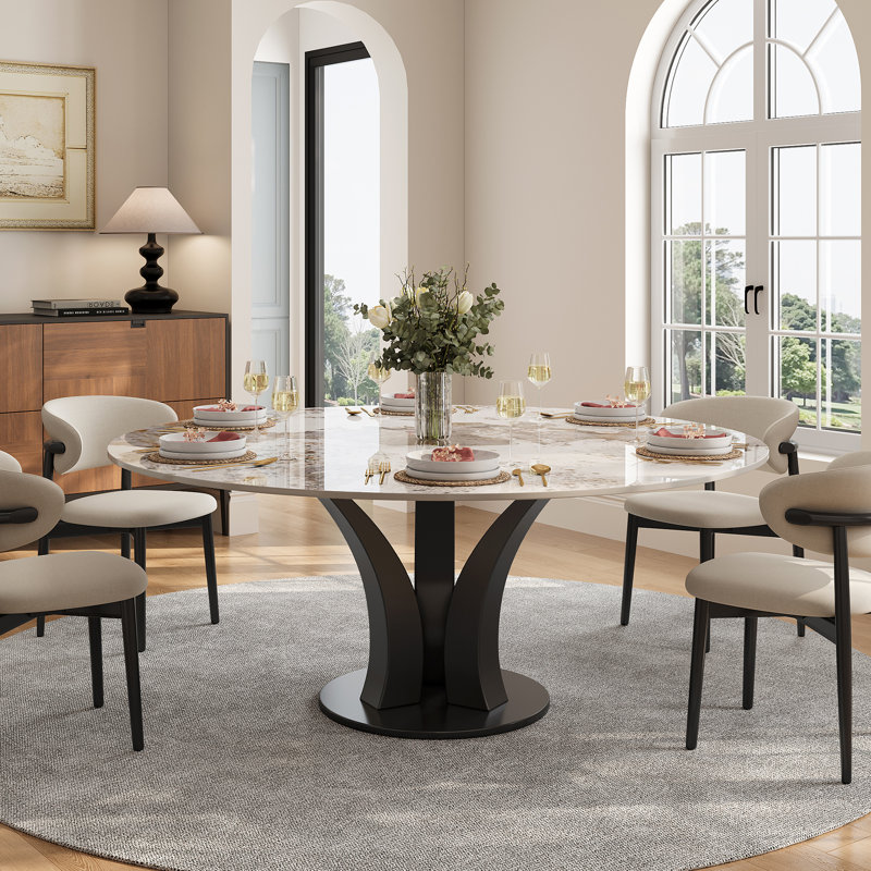Mysia Modern 59" Round Dining Table for 6-8, Glossy Sintered Stone Table top, Carbon Steel Lesg
