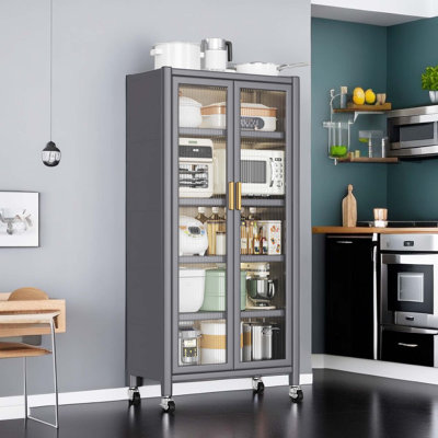 Open-Door Kitchen Shelving Floor-To-Ceiling Multilevel Household Microwave Storage Cabinet Bowls Side Cabinets Cabinets Storage Cabinets Grey Color