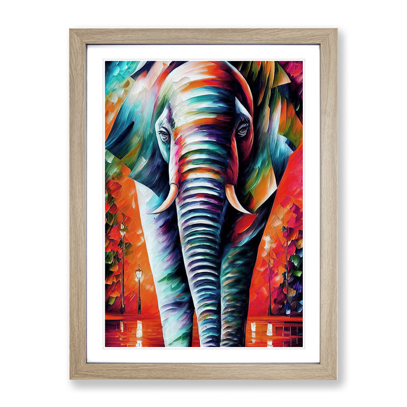 Colourful Elephant No.2 - Wall Art, 36cm H x 27cm W x 2cm D, Oak Framed, White