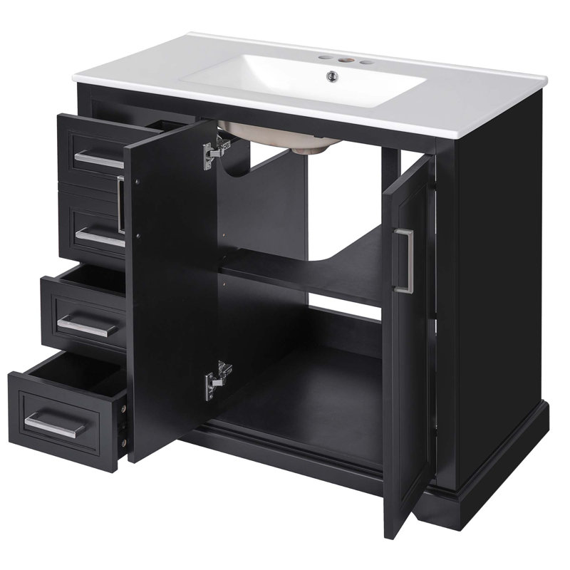 36" Modern Bathroom Vanity With Ceramic Sink, Soft-Close Door, Adjustable Shelf & 3 Drawers, Ample Storage, Black
