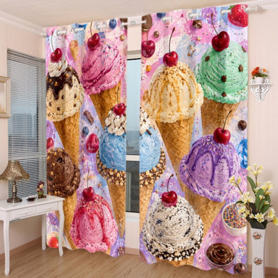 Ensemble de 2 rideaux occultants à œillets, motif cornet de glace, imprimé vif, assombrissant la pièce, réduisant le bruit, préservant l'intimité, isolants thermiques, parfaits pour la décoration d'un bureau ou d'une chambre.