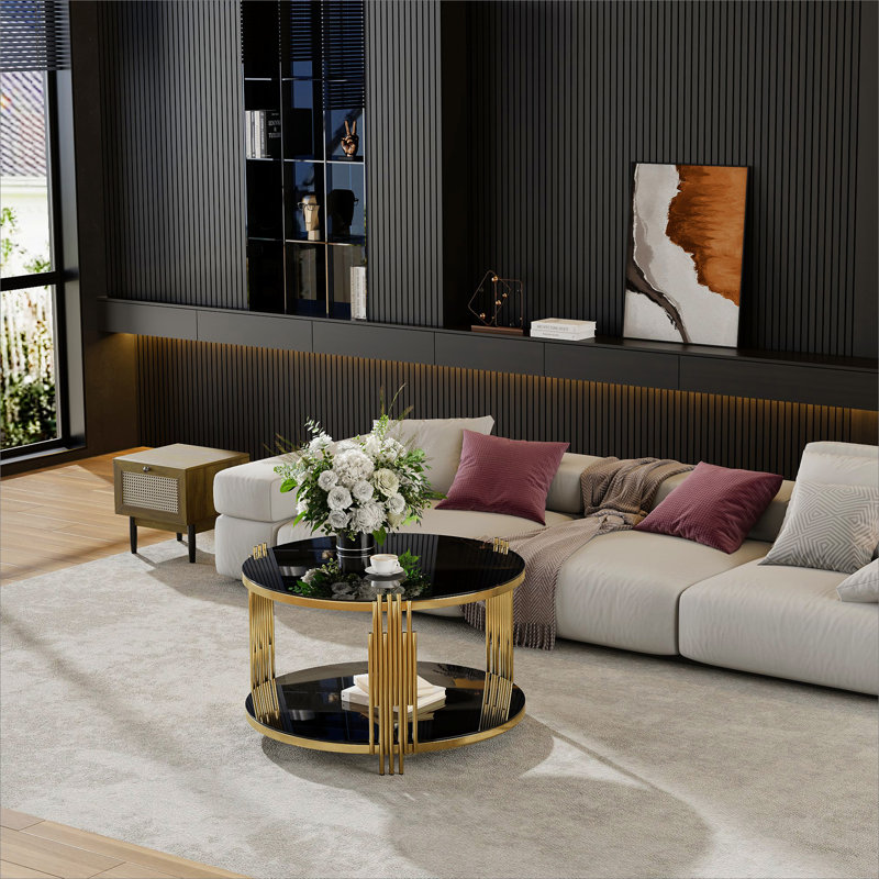 Table basse moderne à miroir noir, base cylindrique asymétrique en métal