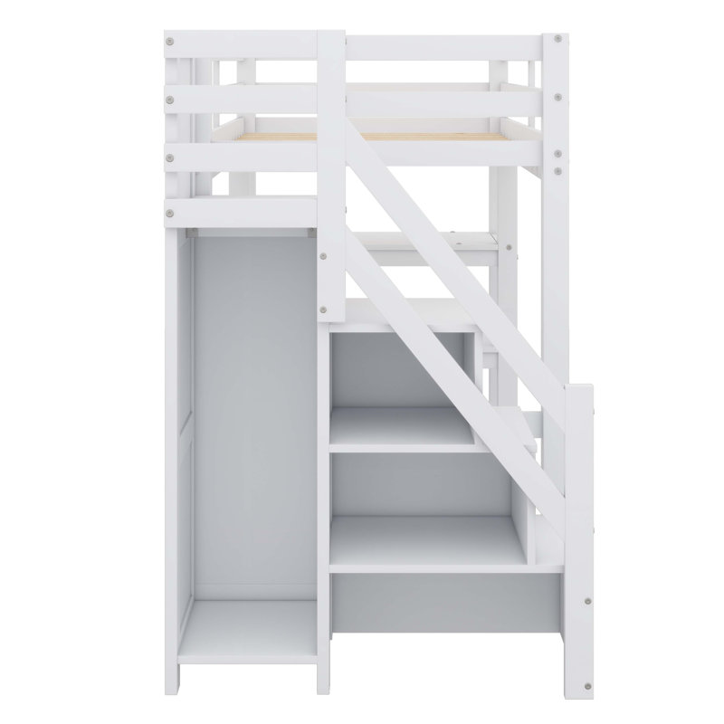 Lit mezzanine avec tablettes intégrées, escalier de rangement, garde-robe compacte et éclairage à DEL, Lit simple