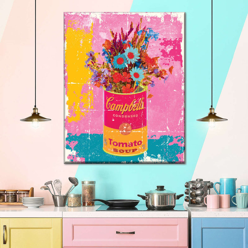 Fleurs sur pot de soupe sur toile, H 15 po x l 12 po x P 1,25 po