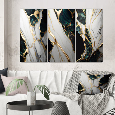 Gold Green Geode Wall Art, 3-Piece Canvas Set - Abstract Geode Gold And Green Marble
