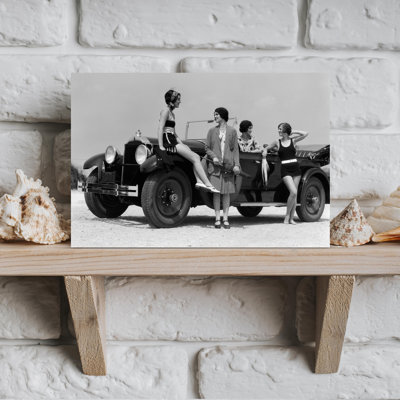 1920S 1930S Four Women Around Convertible Touring Car At Seashore Two In Bathing Suits & Two Dressed For Fashion Outdoor Classic Retro Vintage Beac...
