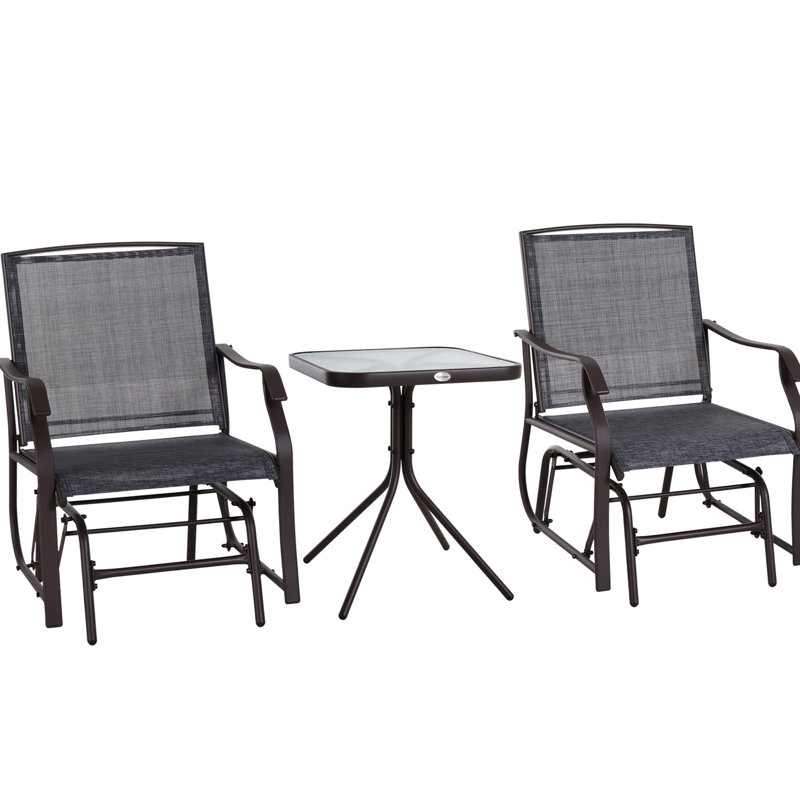 Outdoor Glider Chair With Coffee Table - Gray, 2 Rocking Chairs Breathable Mesh For Garden And Porch 3 Piece Package & Chairs. Gray. Textile, Robust Glass Table. For Backyard, Porch. Steel