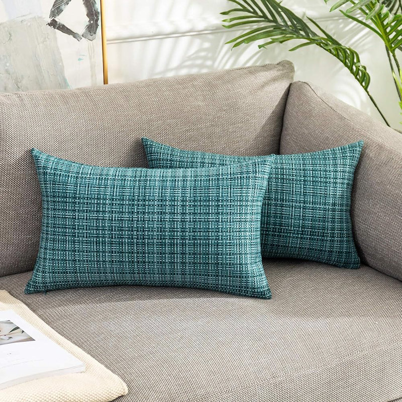 Ensemble de 2 housses de coussin et inserts tissés texturés imperméables verts - Rectangle extérieur et intérieur 12 po x 20 po