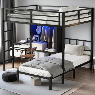 Lit superposé double au-dessus d'un lit simple en métal avec bureau pliant, garde-robe avec DEL, économie d'espace / réduction du bruit, noir