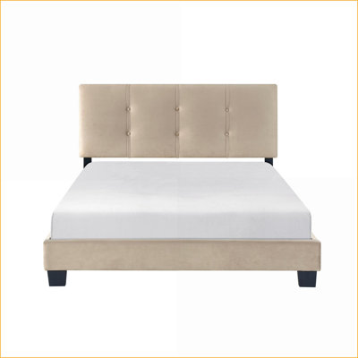 Lit plateforme double en bois massif avec revêtement en velours brun clair et tête de lit ajustable pour la chambre à coucher