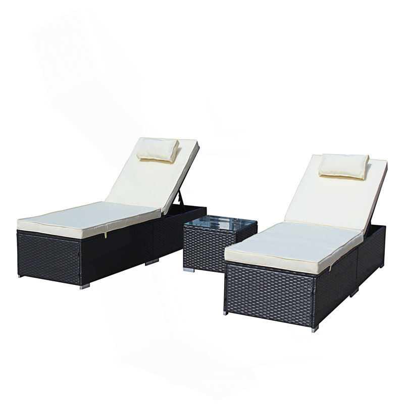 Ensemble de mobilier d'extérieur 3 pièces, méridienne, méridienne inclinable et rembourrée avec table basse en verre, Beige