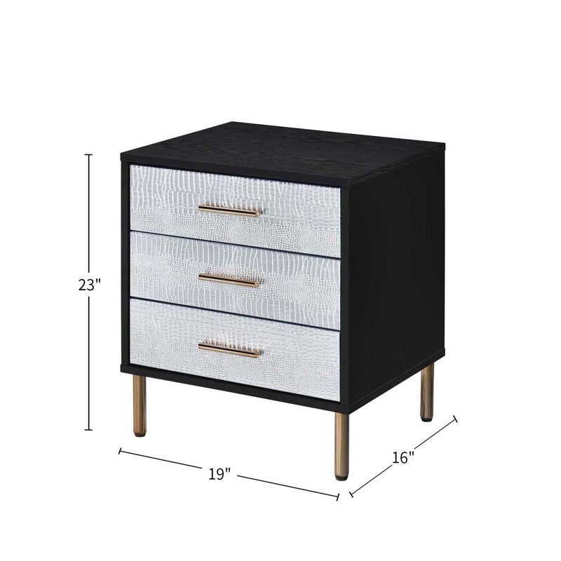 Élégante table de chevet à 3 tiroirs en panneau de particules avec un design moderne et des éléments d'inspiration Mid-Century pour l'organisation de la chambre à coucher
