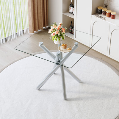 Table de bar carrée moderne de 37,80 po pour 4 personnes, plateau en verre trempé avec structure en métal galvanisé, table de cuisine carrée pour petits espaces de bureau à domicile