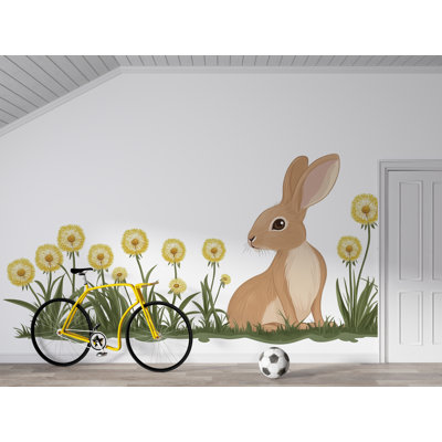 Adorable autocollant mural en vinyle mignon lapin et fleurs de pissenlit, art mural animal pelez et collez amovible pour chambre d'enfant ou chambre de bébé