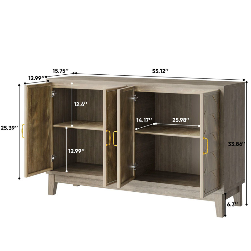 Console moderne avec rangement et tablettes réglables, buffet d'entrée à motif géométrique avec 4 portes, armoire décorative multifonctionnelle pour salon, salle à manger, entrée, couloir, brun