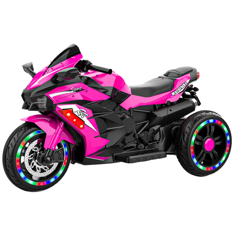 Moto électrique 3 roues 12 V pour enfants, pneus lumineux DEL, Bluetooth, tricycle à batterie avec suspension, pour garçons et filles de 3 à 8 ans, rose