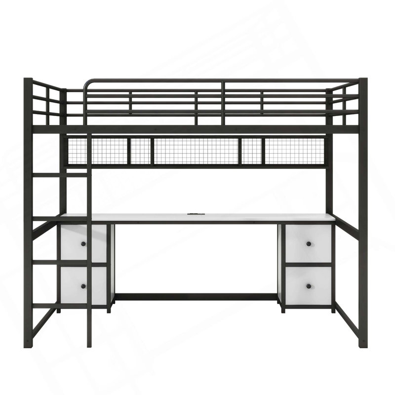 Lit mezzanine en métal avec bureau, tiroirs et plateau de chevet, station de charge, prise USB et prise, Noir