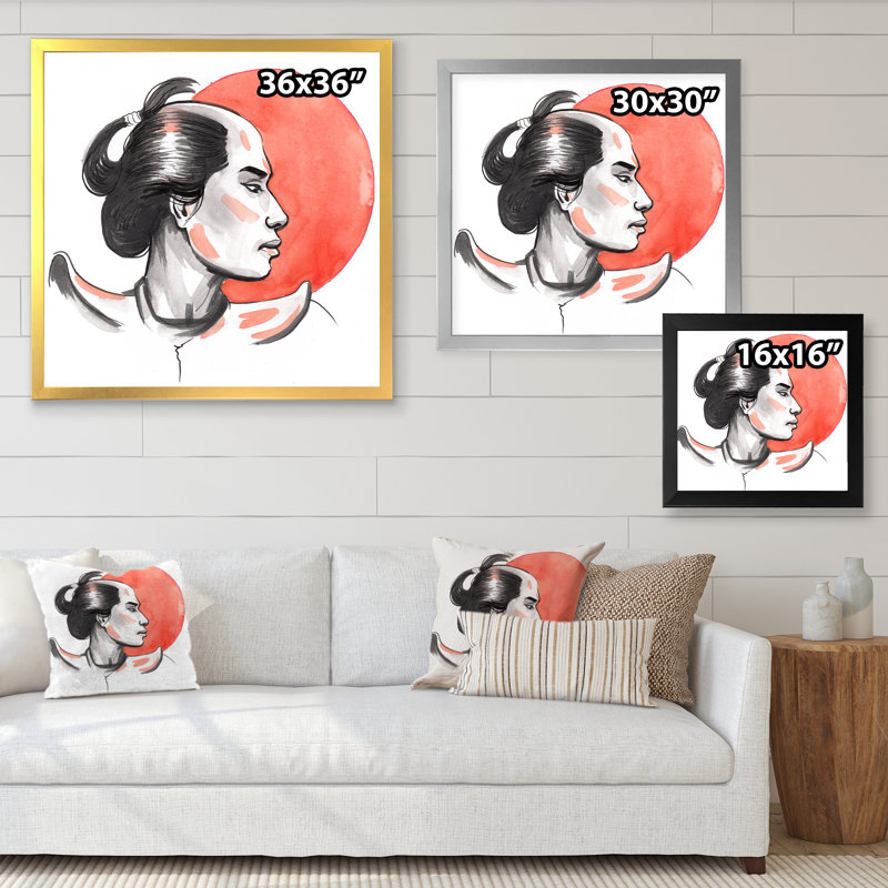 Samurai Warrior And Red Sun - reproduction d'art moderne sur toile Mid-Century, H 30 po x l 30 po x P 1 po