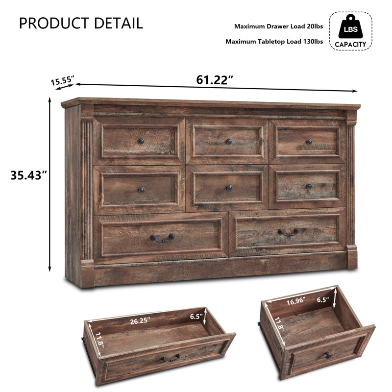 Burlington Farmhouse 8 Drawers Dresser for Bedroom, 61.2" Wide Large Dressers & Chests of Drawers, Brown