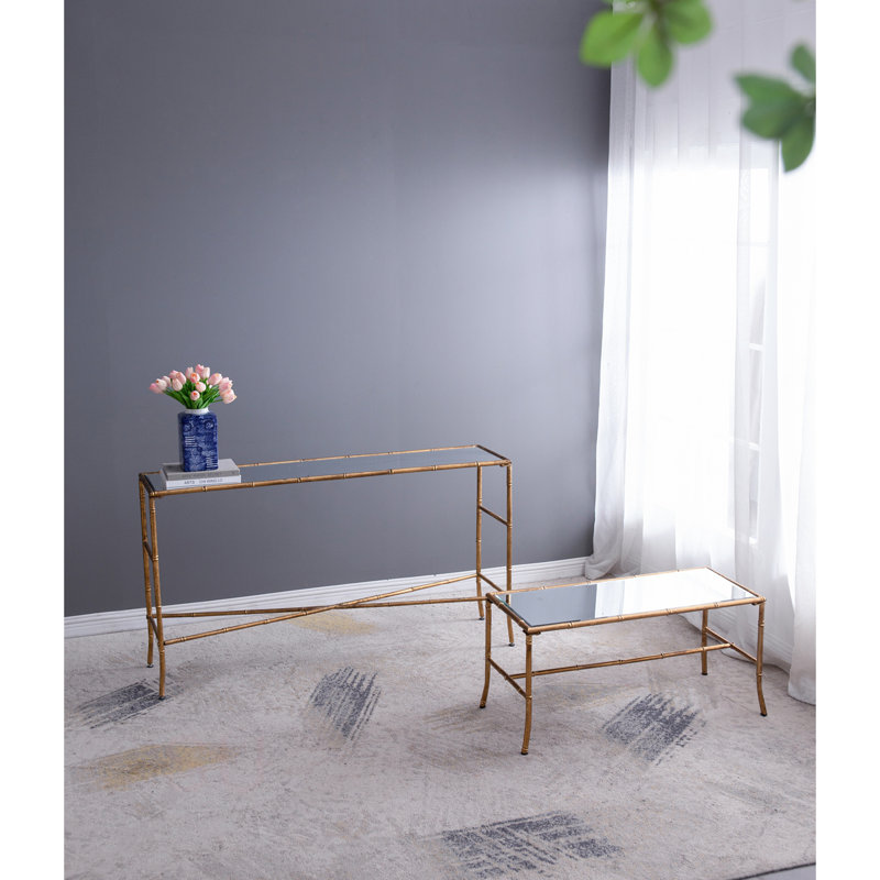 56.5X14x30" Antique Gold Console Table, Mirrored Top