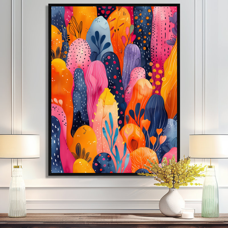 Boho rose et bleu à pois et à rayures II - reproduction d'art abstraite dans le salon, Cadre flottant noir, H 12 po x l 20 po