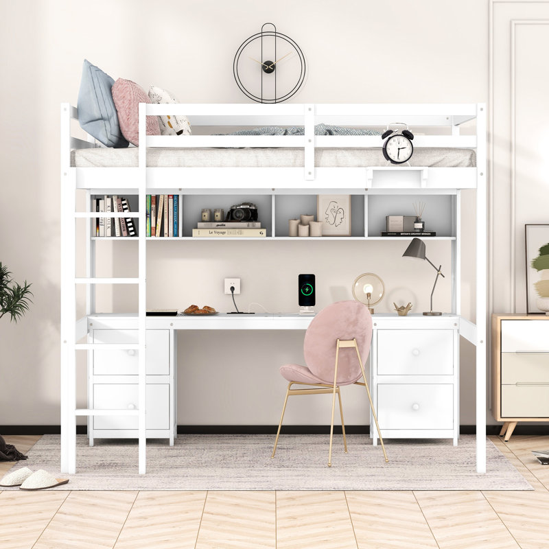Lit mezzanine blanc avec bureau, 4 tiroirs et armoires de rangement, White
